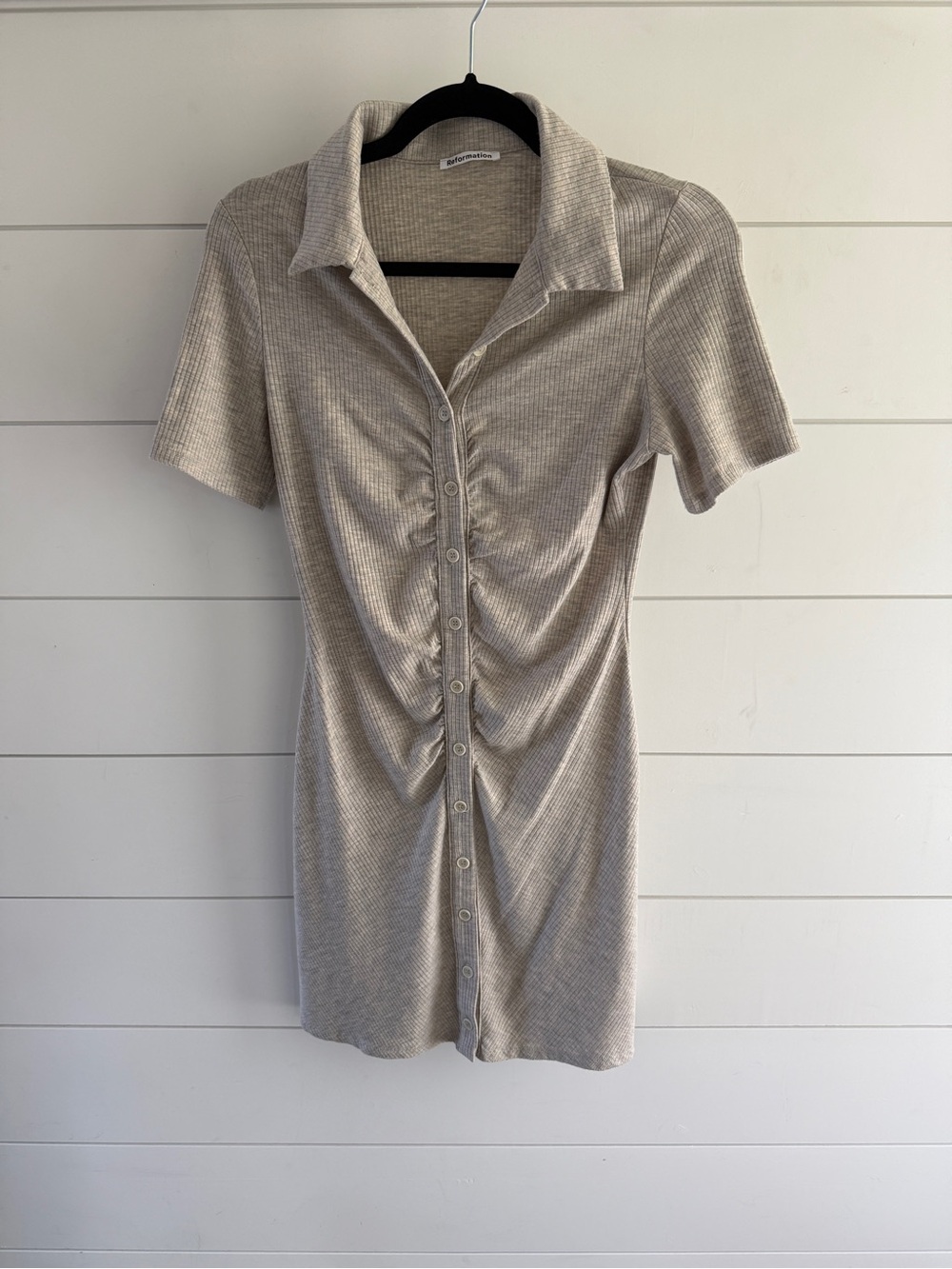 Reformation Beige Button-Front Ruched Polo Dress